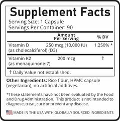 Nutri Reign D3 + K2 nutrition label emphasizes non-GMO, gluten-free.
