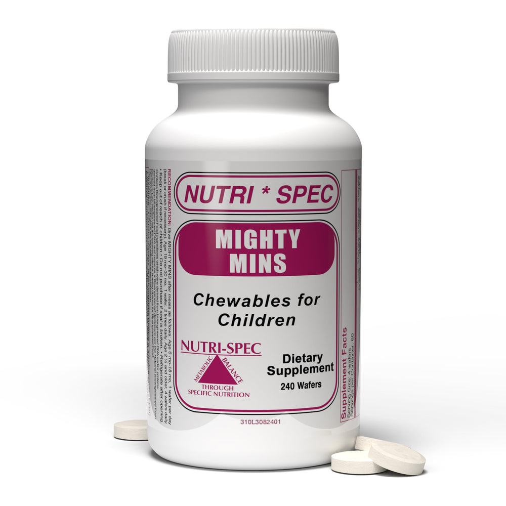 Nutri-Spec Mighty-Mins bottle label showing kid-friendly nutrition for daily growth