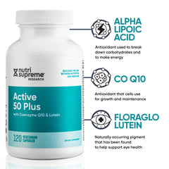 Nutri-Supreme Active 50 Plus highlights CoQ10 and lutein for energy support and eye health.