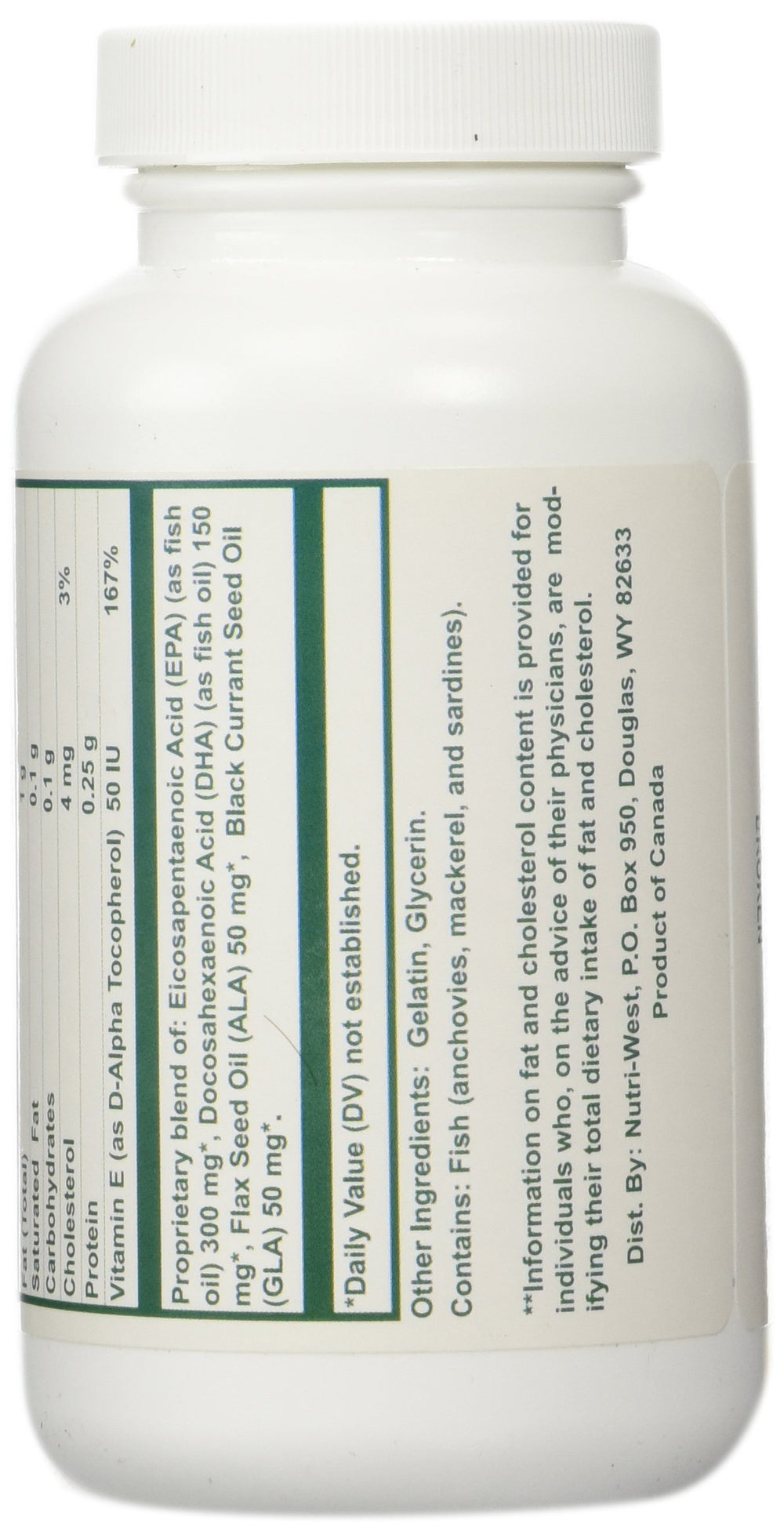 Nutri-West Complete Omega-3 Essentials ingredients card featuring EPA, DHA, ALA and GLA for balanced oil profile