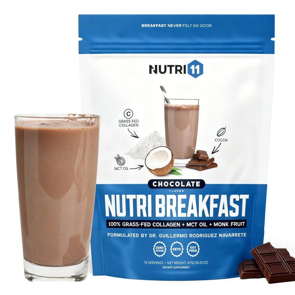 Nutri11 NutriBreakfast chocolate powder tub for keto-friendly mornings.