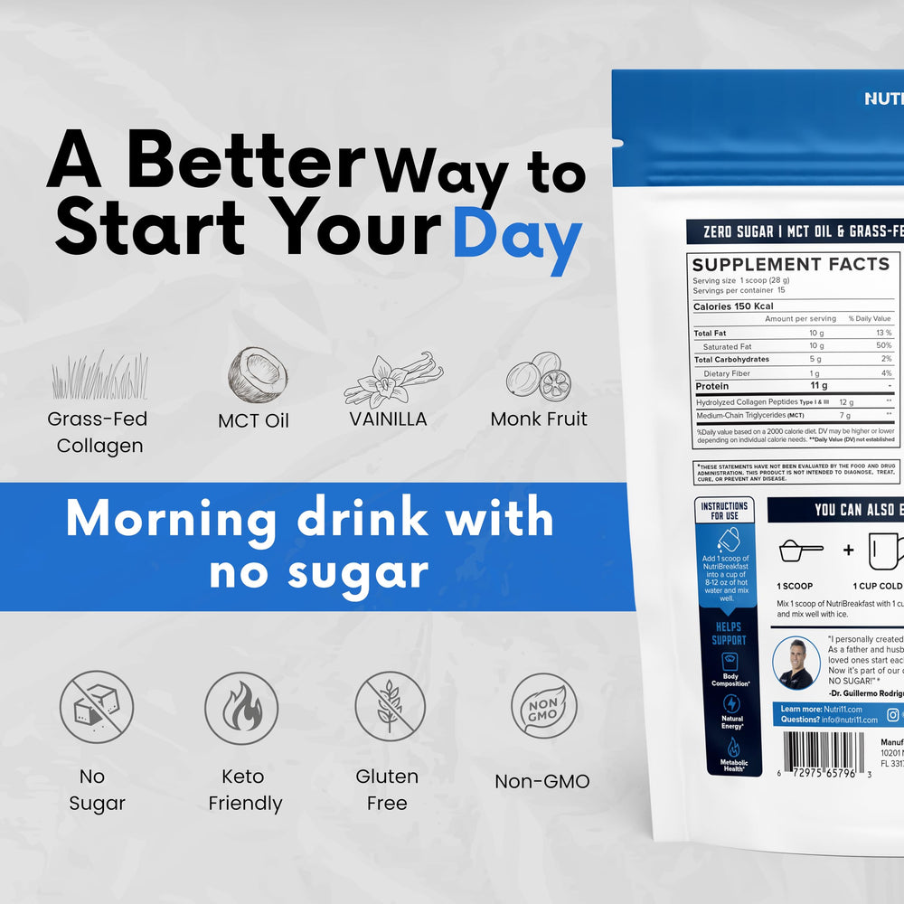 Nutri11 NutriBreakfast scoop with serving size for quick mornings