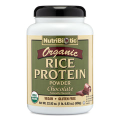 NutriBiotic front bottle shows certified organic rice protein chocolate for clean ingredients