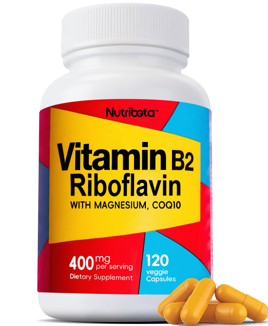 Nutribota Vitamin B2 bottle shows energy support potential.