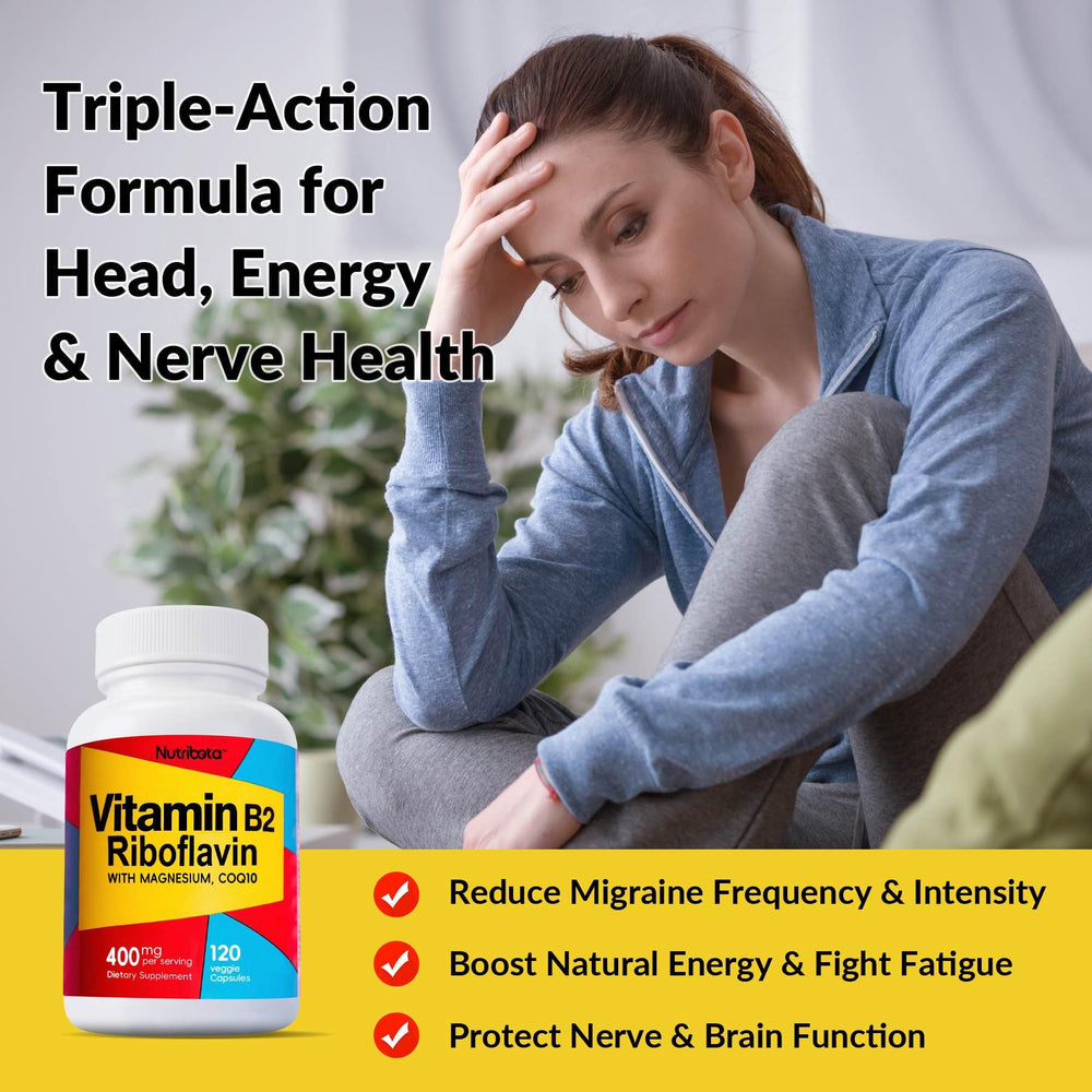 Nutribota riboflavin label highlights magnesium and CoQ10 for wellness.