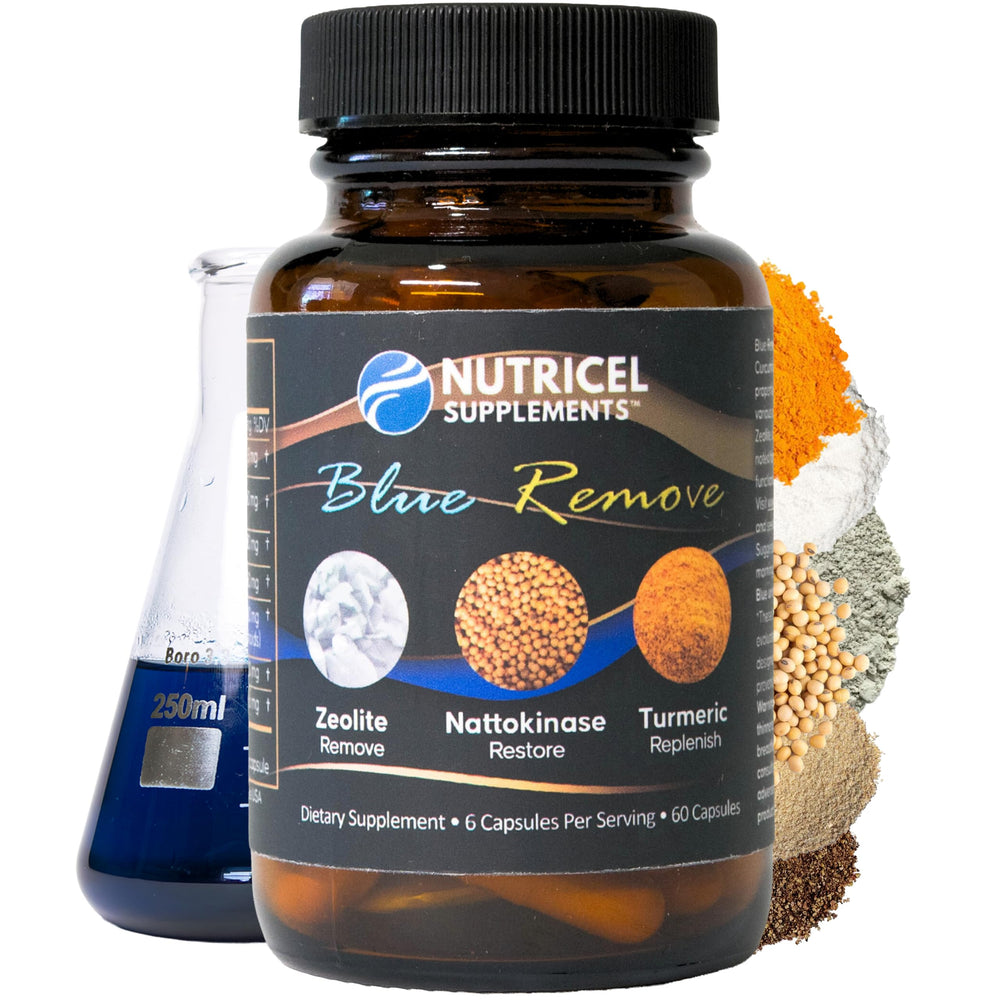 Nutricel Blue Remove bottle label showing 18 mg methylene blue per capsule.