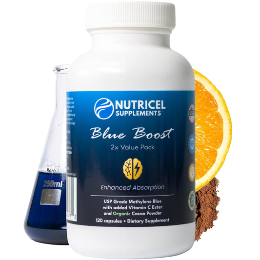 Nutricel Methylene Blue capsules bottle shows convenient daily dosing for easy use