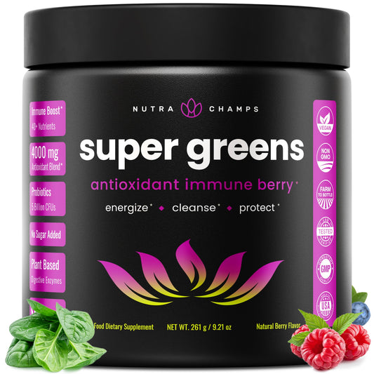NutraChamps Super Greens powder tub front highlighting a greens blend for daily antioxidant support.