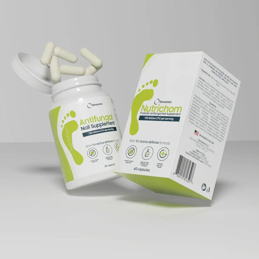 Nutrichom probiotic fungal nail cleanser bottle may support healthier-looking nails daily.