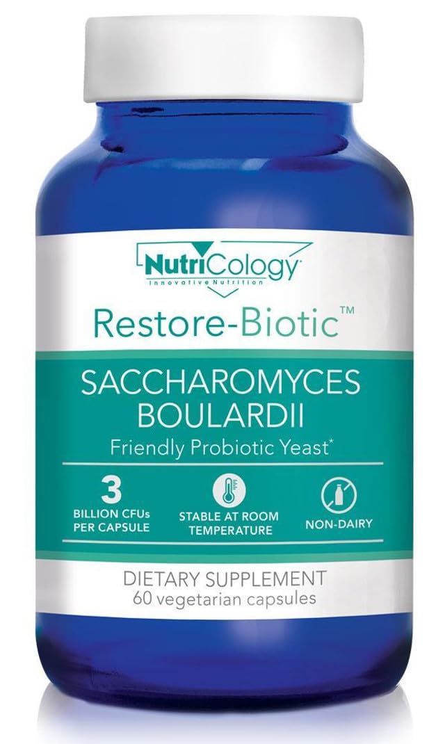 Nutricology Allergy Research Group Essential-Biotic Saccharomyces 60ct bottle promotes gut balance.