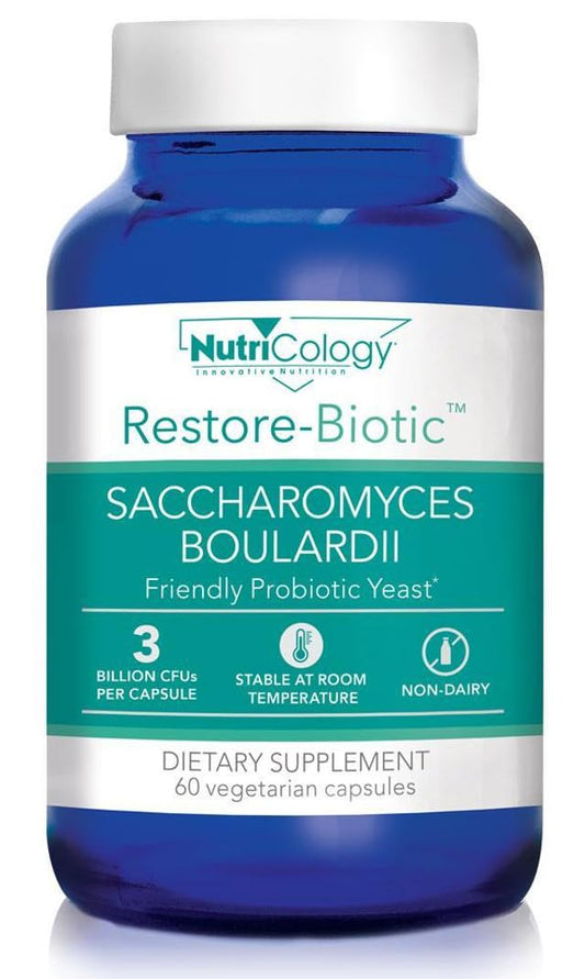 Nutricology Allergy Research Group Essential-Biotic Saccharomyces 60ct bottle promotes gut balance.