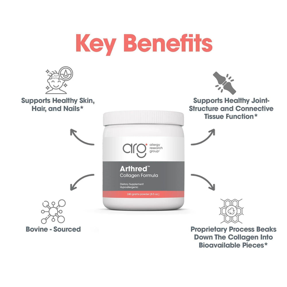 Nutricology Arthred nutrition panel emphasizes amino acids like glycine and proline.