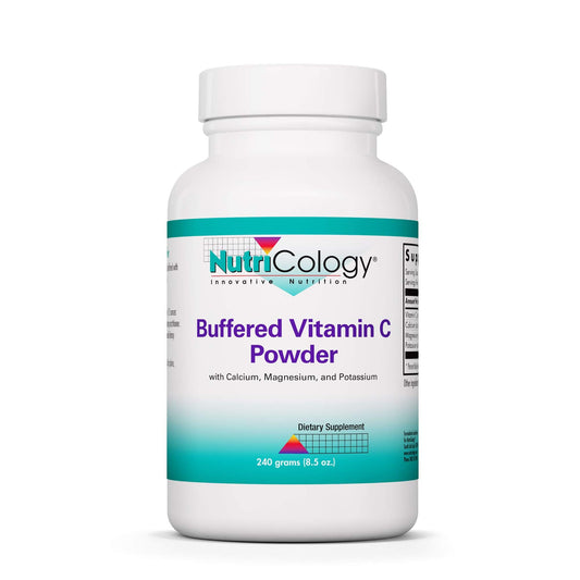 Nutricology Buffered Vitamin C Powder bottle shows high-dose formula for daily support