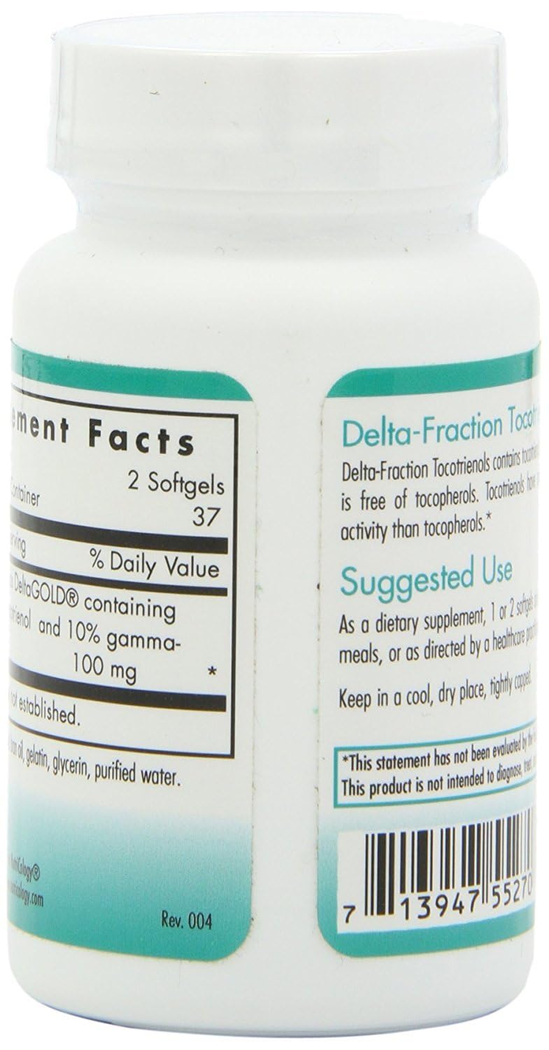 Nutricology Delta-Fraction Tocotrienols capsules closeup reveals oil-based softgels
