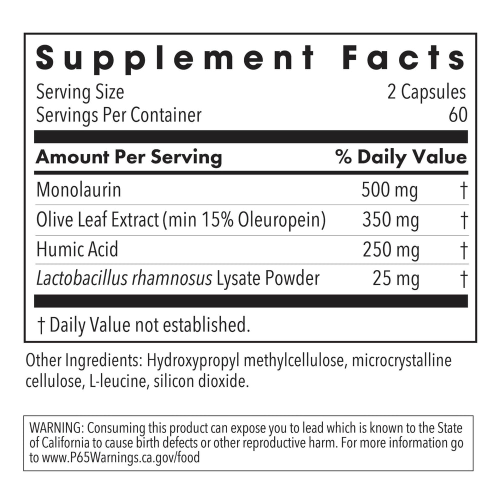 NutriCology Humic-Monolaurin label closeup highlights purity and humic acid.