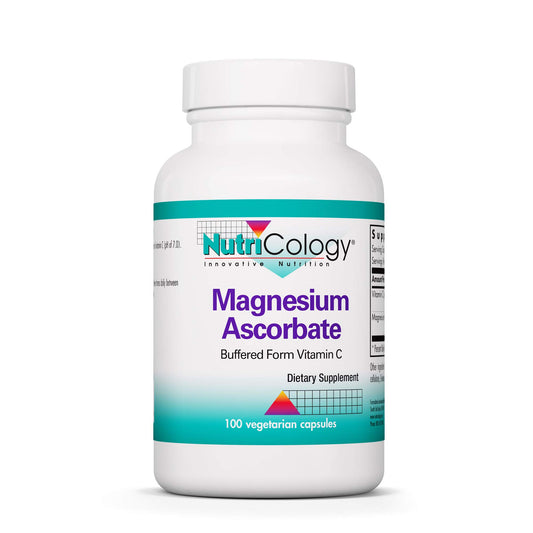 NutriCology magnesium ascorbate capsules in bottle for gentle daily vitamin C support.