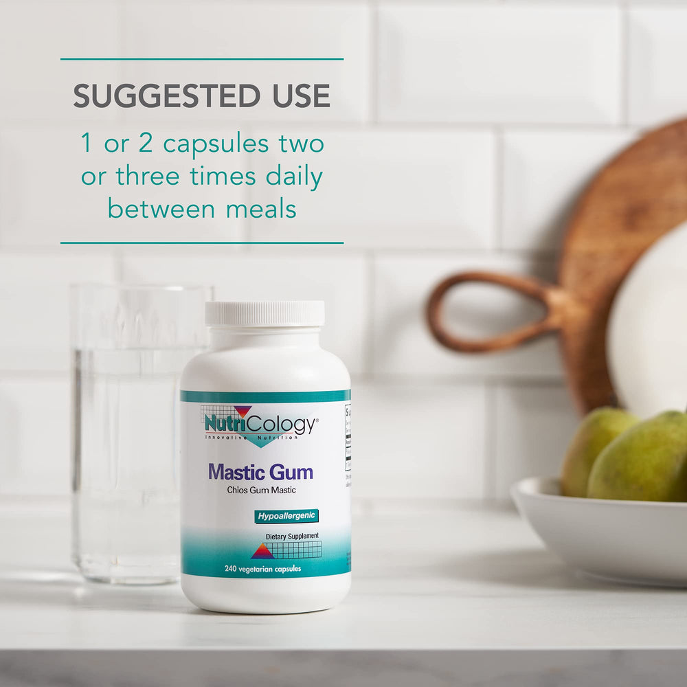 NutriCology mastic gum ingredients label highlights chios resin and allergen-free profile