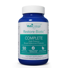 Nutricology Restore-Biotic Complete bottle-front label, shelf-stable probiotic suitable for daily use.