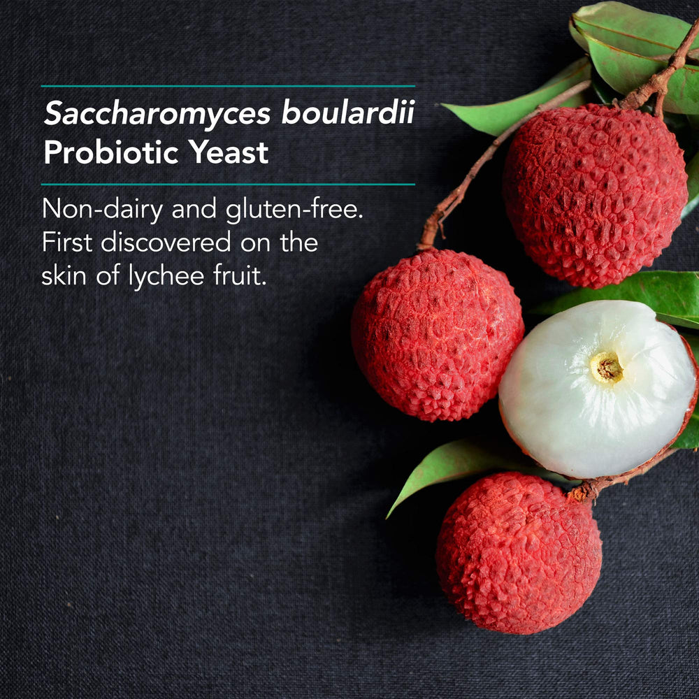 Nutricology Saccharomyces boulardii capsules in close-up highlighting probiotic action.