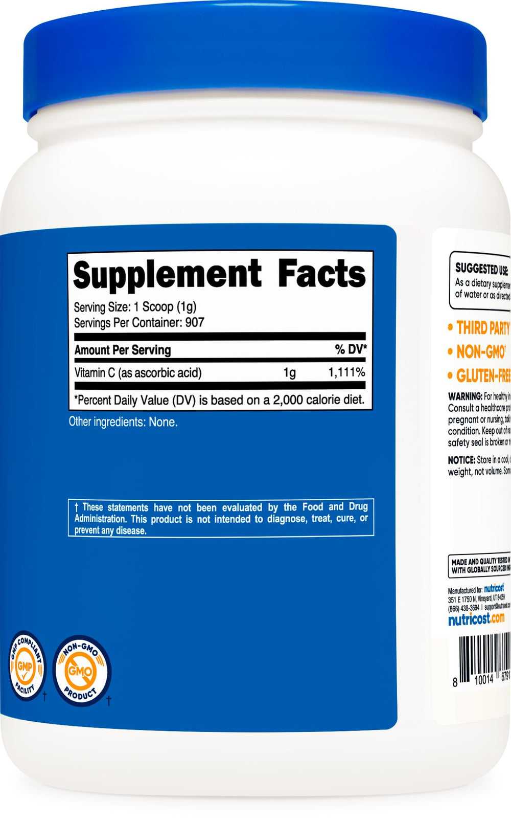 Nutricost ascorbic acid powder packaging highlighting quality and care