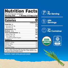 Nutricost barley grass juice powder scoop beside the bag for quick shakes.