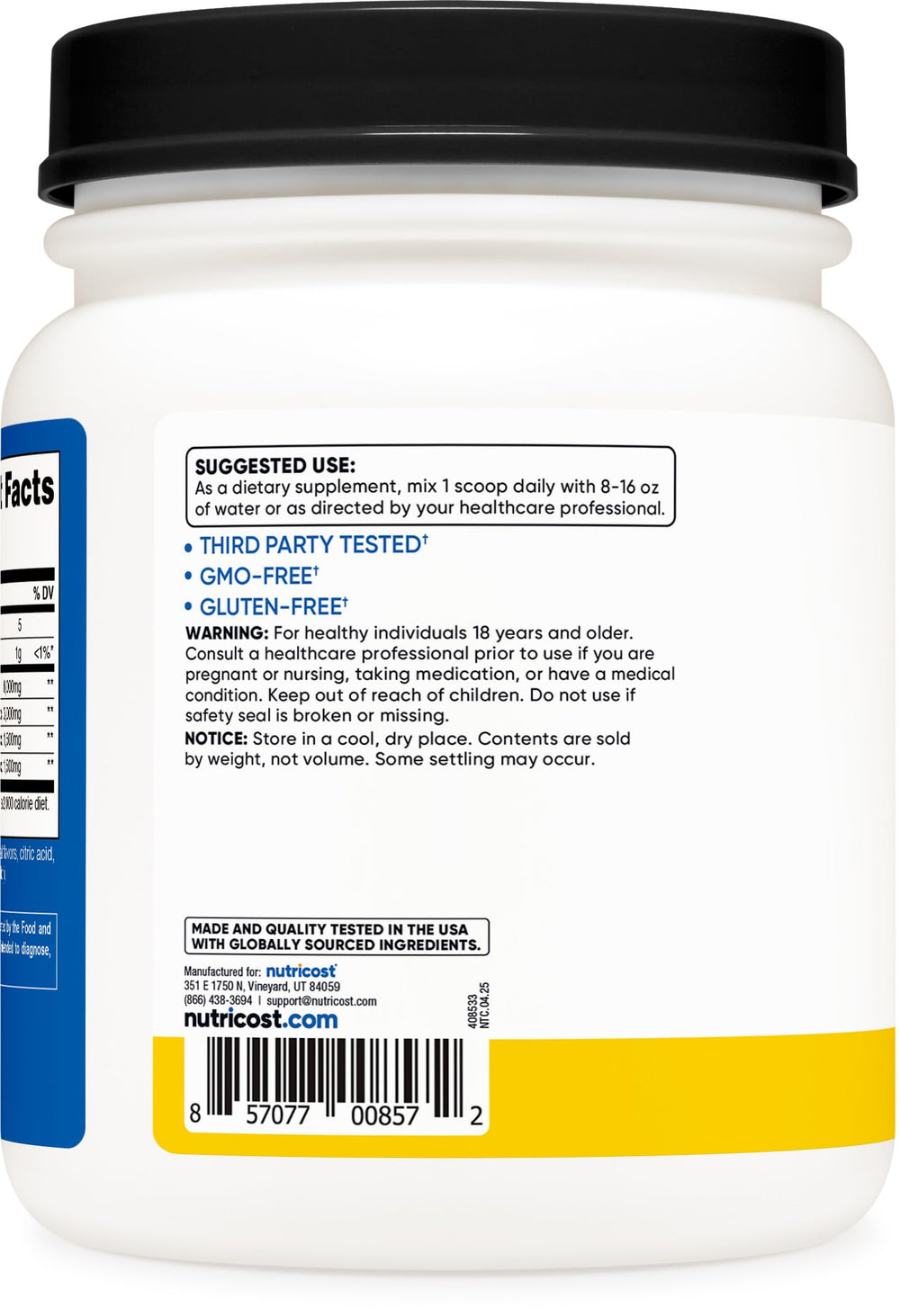 Nutricost BCAA Pineapple bottle featuring ISO testing and quality labels