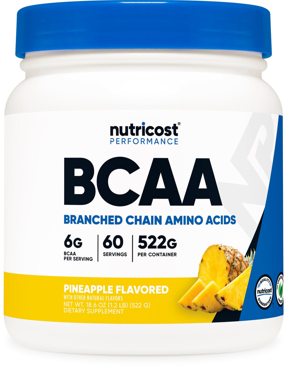 Nutricost BCAA Pineapple powder bottle with label highlighting quality and flavor