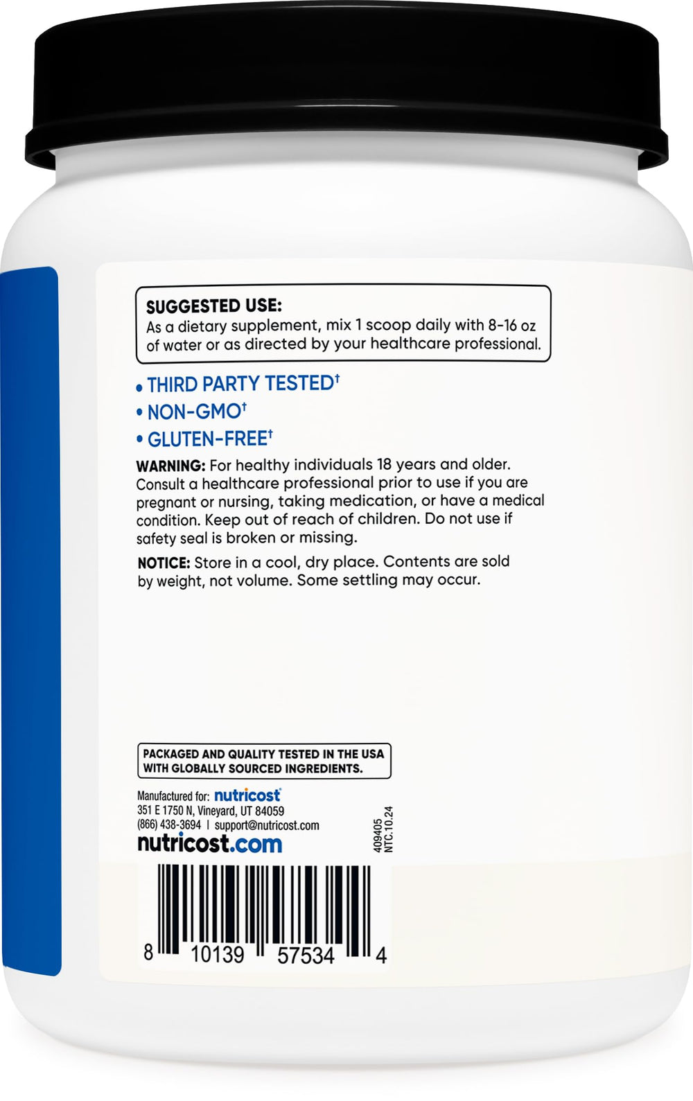 Close-up of Nutricost BCAA bottle highlighting unflavored profile