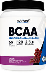 Nutricost BCAA Powder grape bottle front highlights gluten-free formula for workouts.