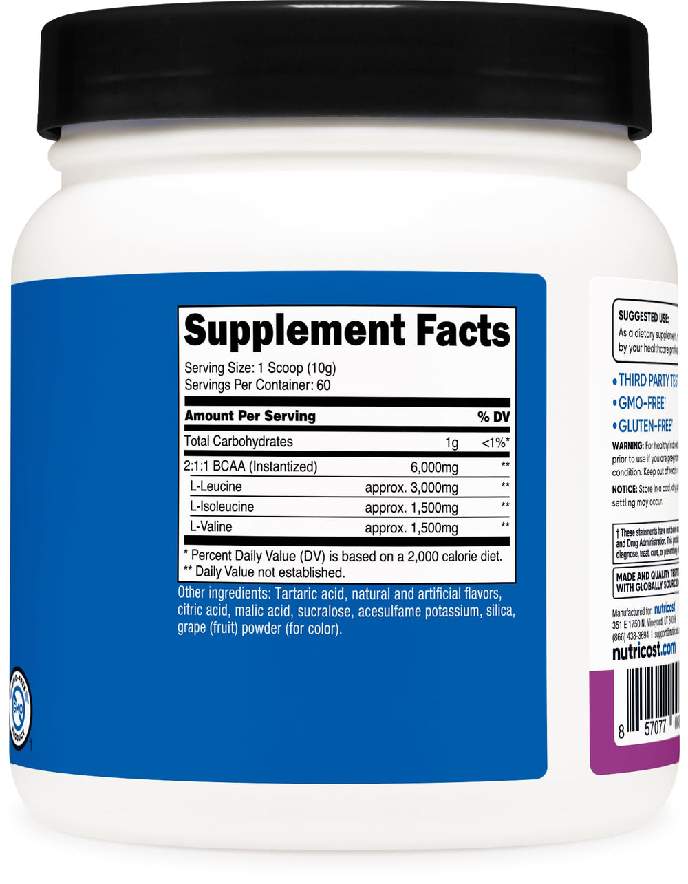 Nutricost BCAA Powder grape packaging shows NSF and GMP quality