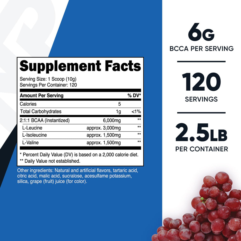 Nutricost BCAA grape scoop emphasizes 2:1:1 ratio and easy mixing.