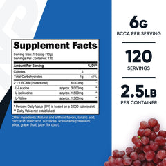Nutricost BCAA grape scoop emphasizes 2:1:1 ratio and easy mixing.