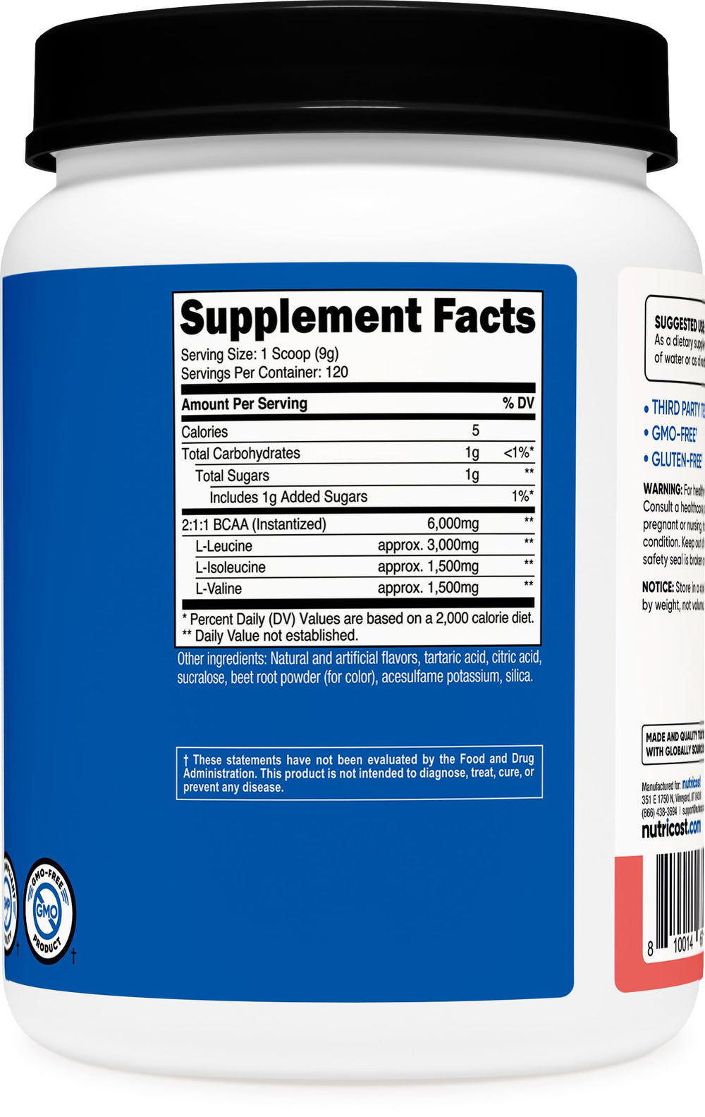 Nutricost BCAA Powder label showing gluten-free and non-GMO quality.