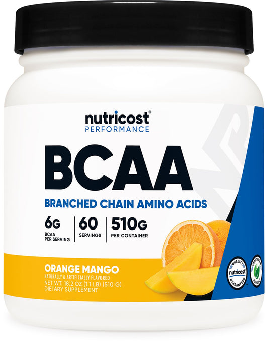 Nutricost BCAA Powder Orange Mango tub ready for post-workout flavor and amino support.