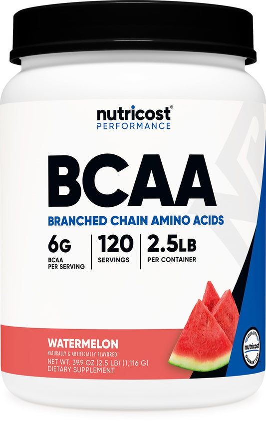 Nutricost BCAA Powder Watermelon tub ideal for workouts.