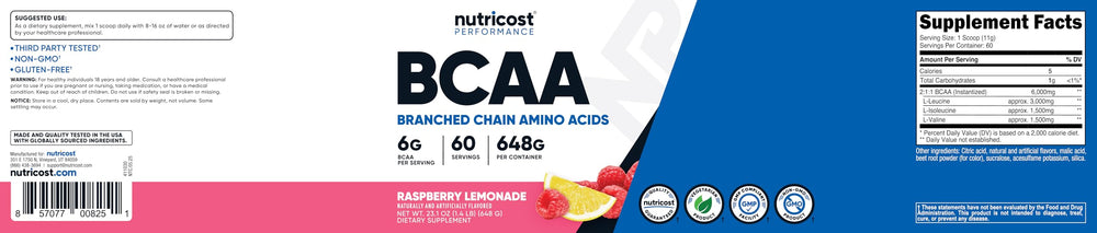 Nutricost BCAA bottle close-up label highlighting quality standards.