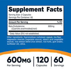 Nutricost Beta Ecdysterone capsules close-up highlighting vegan, gluten-free formula.