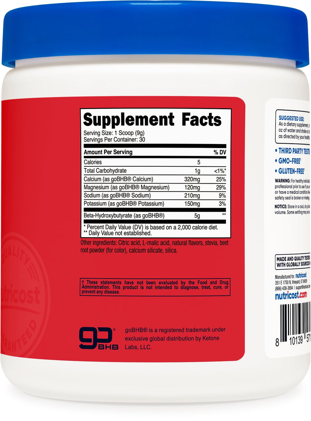 Nutricost BHB Salts Drink Mix Fruit Punch label close-up with ingredient highlights.