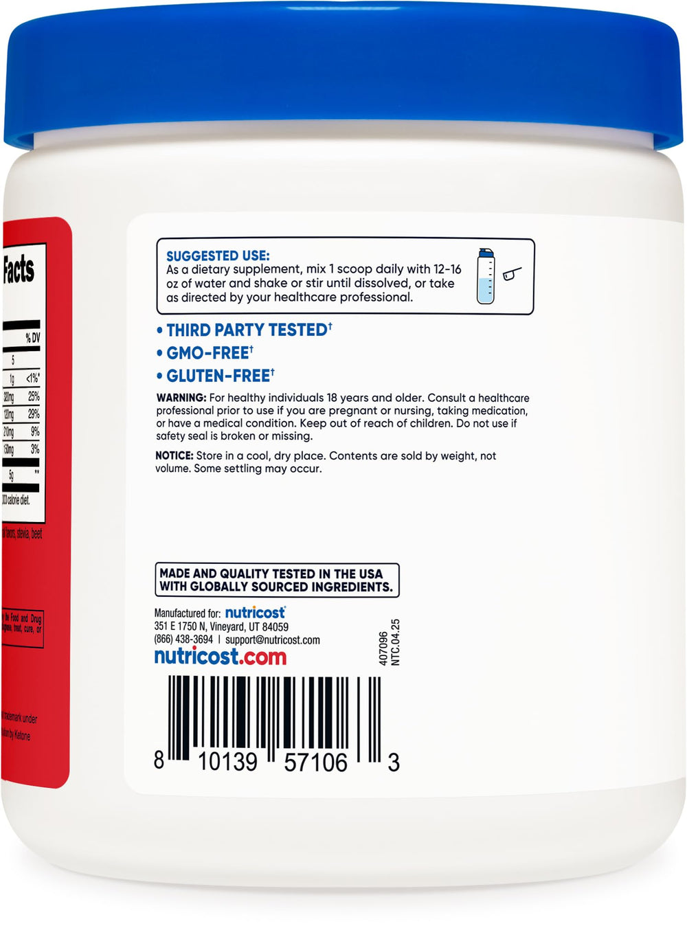 Nutricost BHB Salts Drink Mix Fruit Punch tub for easy pantry storage.