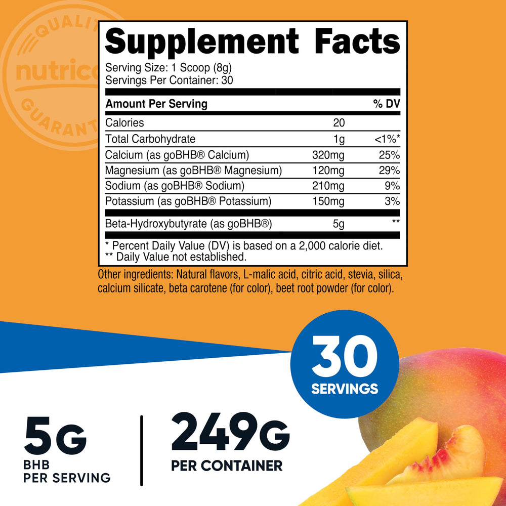Nutricost BHB Salts Drink Mix Peach Mango pour signals fast dissolution for energy support