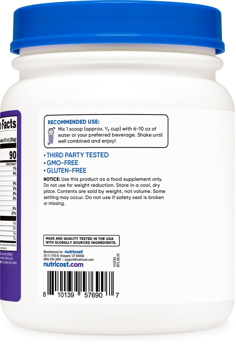 Nutricost bote de proteína con fórmula limpia y sabor uva Concord.