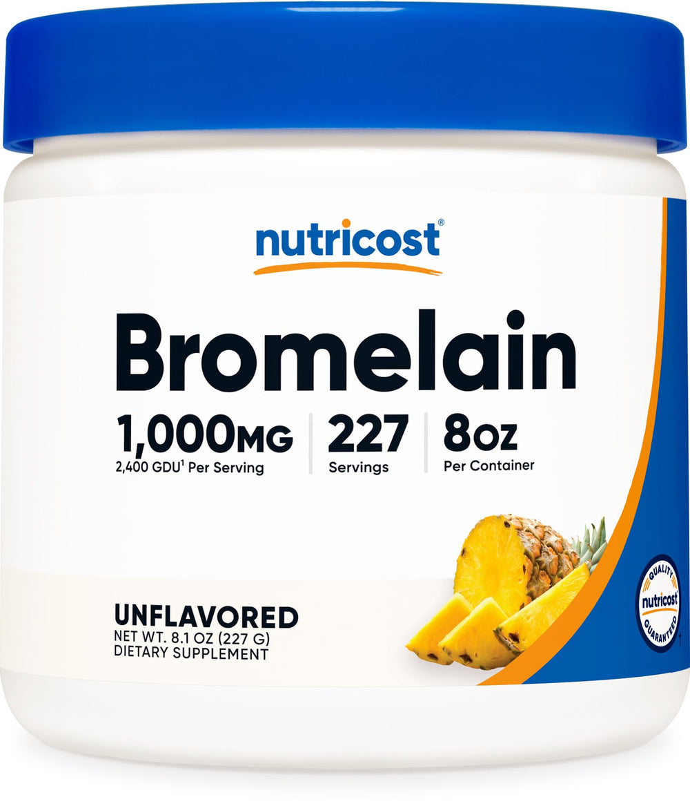 Nutricost Bromelain Powder bottle on countertop for daily wellness support.