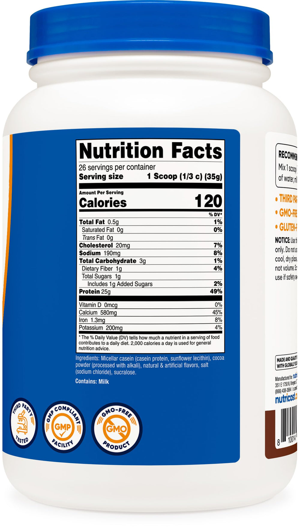 Nutricost Casein Powder box highlights gluten-free and non-GMO assurances.