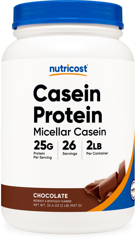 Nutricost Casein Protein Powder 2lb tin with chocolate flavor.
