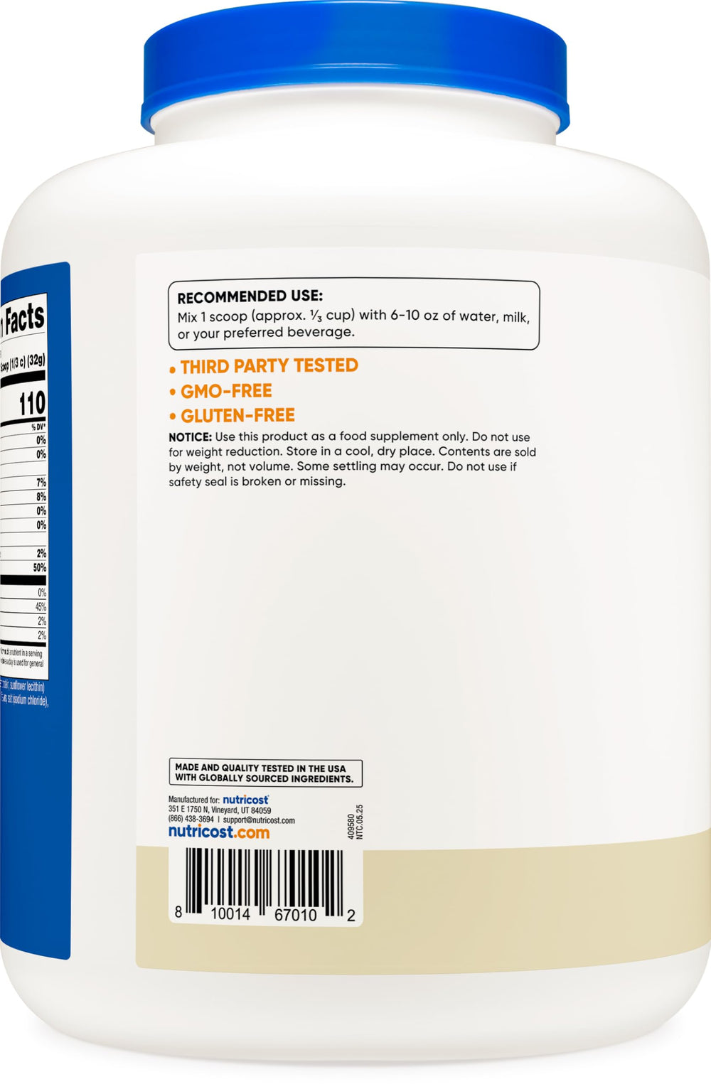 Nutricost Casein Vanilla label close-up, GMP facility quality and FDA registered manufacturing.