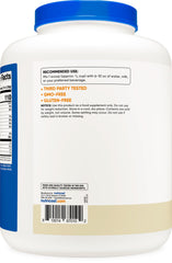 Nutricost Casein Vanilla label close-up, GMP facility quality and FDA registered manufacturing.