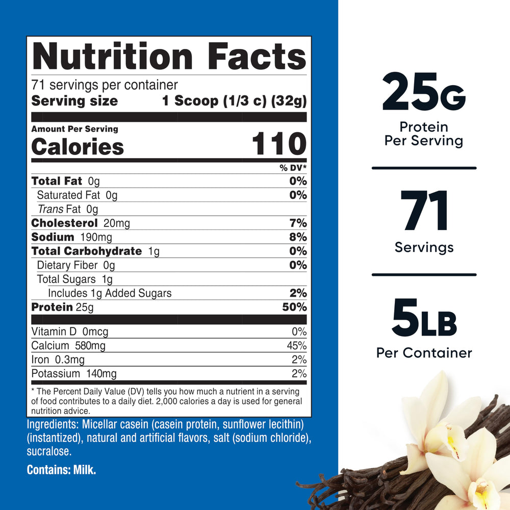 Nutricost Casein Vanilla serving scoop image, convenient 71-serving supply for daily protein.