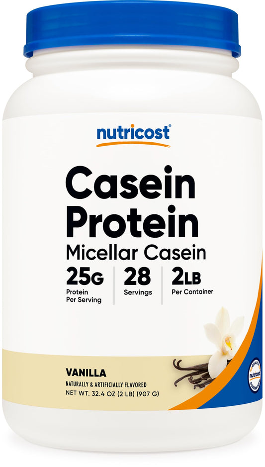 Nutricost Casein Vanilla tub shows 25 g protein per serving for steady amino acid delivery.