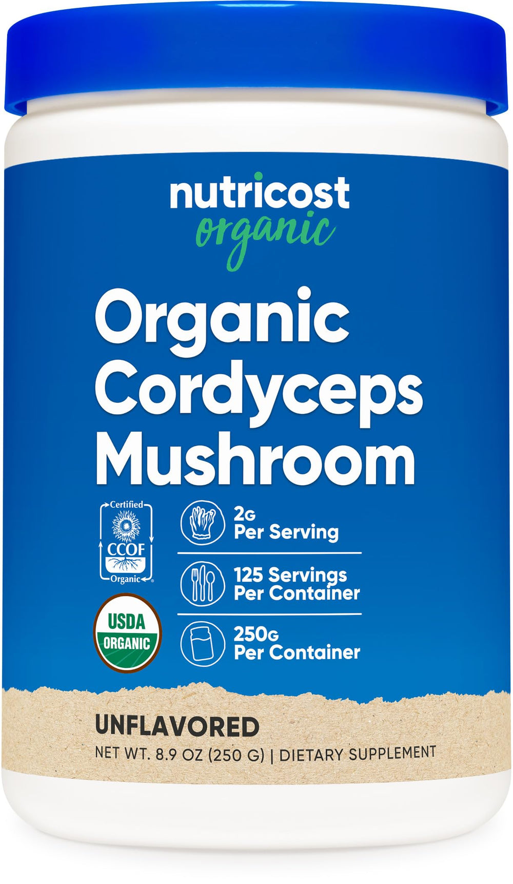 Nutricost Cordyceps Powder bottle front with 250 g label for everyday vitality