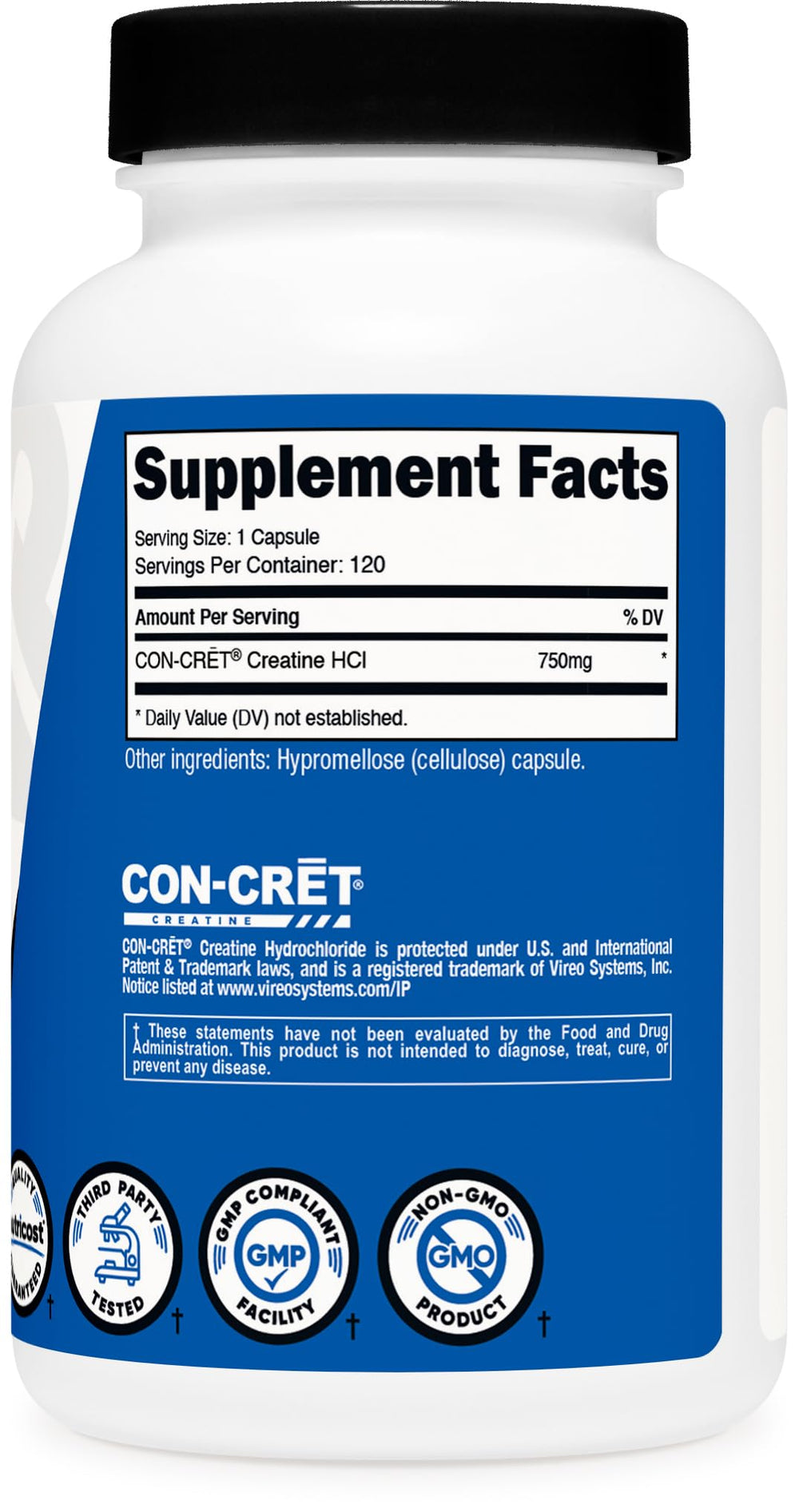 Nutricost Creatine HCl bottle with NSF GMP label.